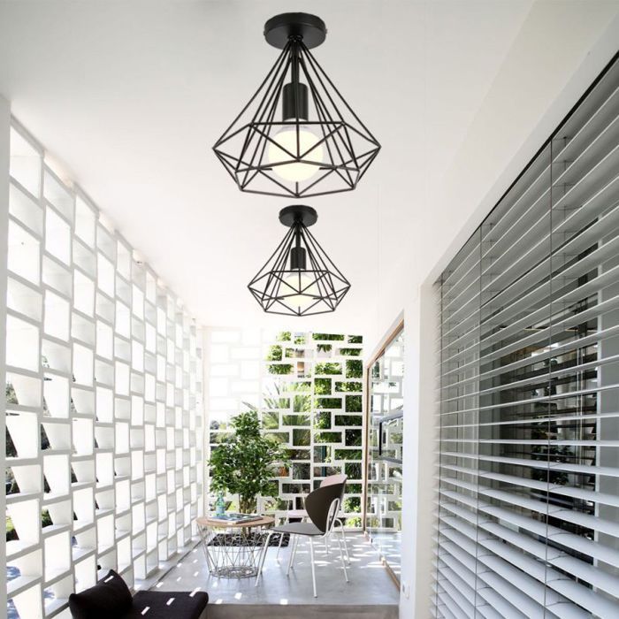 UNI Plafonnier Industrielle Cage Forme Diamant Noir Lustre Suspension Métal Luminaire Couloir Cuisine