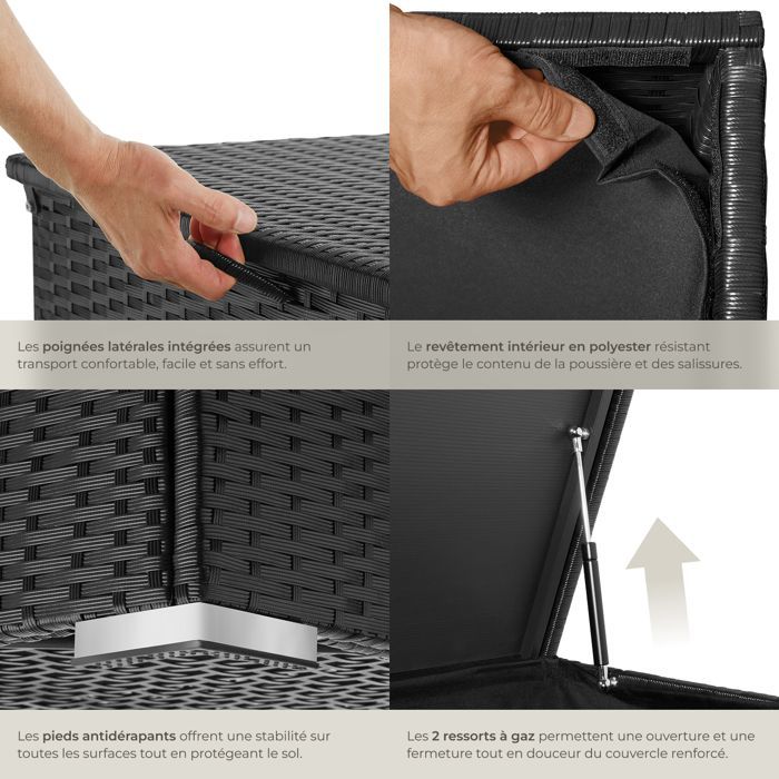 Rangement d'extérieur - TECTAKE - Coffre de jardin OSLO en aluminium et polyrotin avec revêtement intérieur amovible - Noir