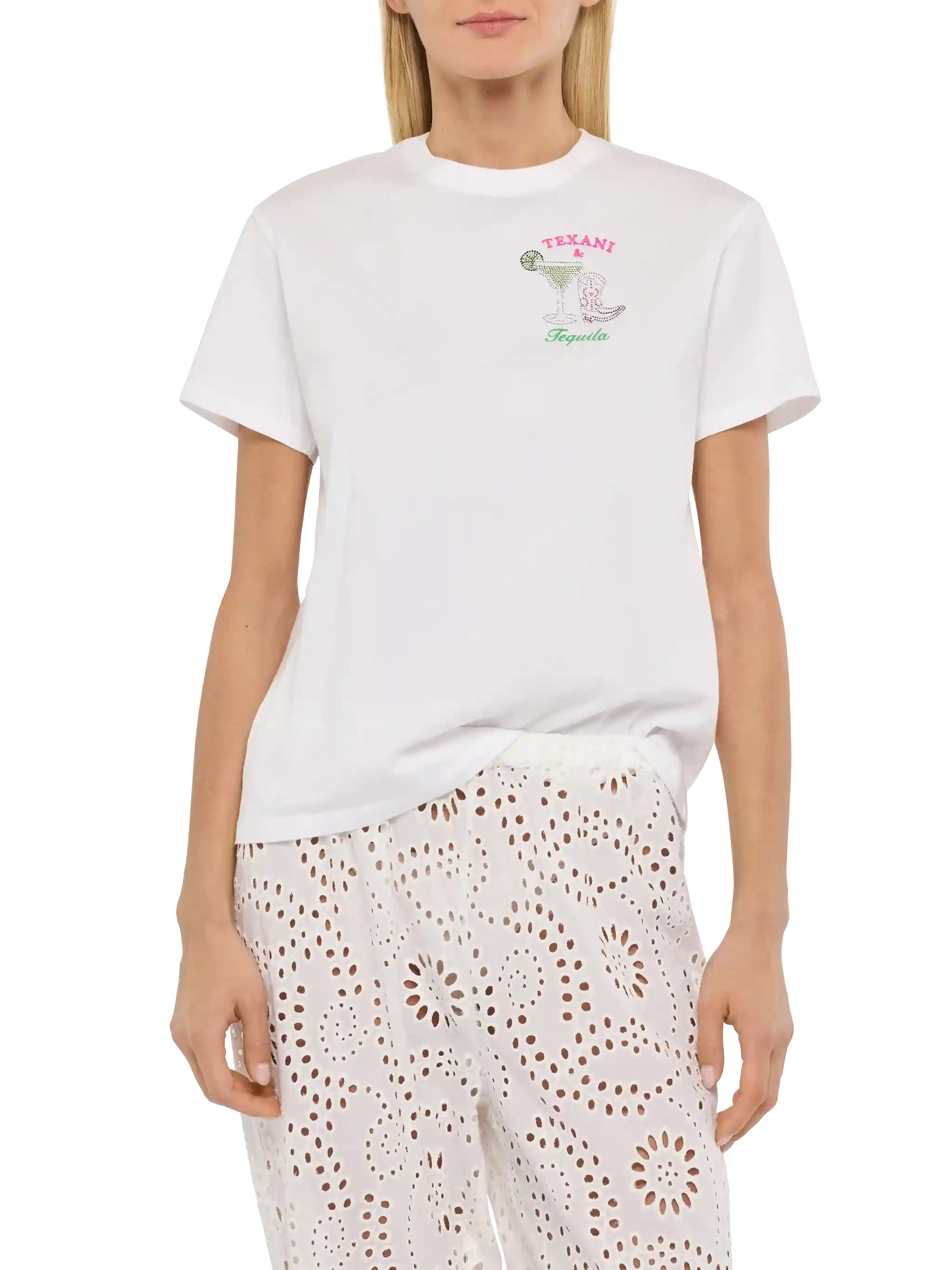 Emilie katoenen T-shirt met Texans & Tequila-borduurwerk