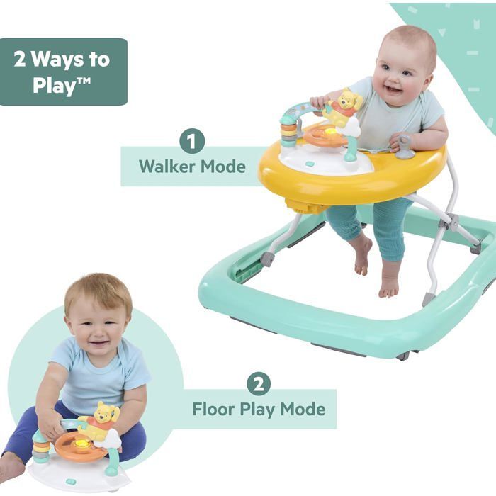 DISNEY BABY -WINNIE- 2-in-1 Convertible and Foldable Baby Walker, Integrated Removable Activity Toy, Music, Lights, Adjustable Height