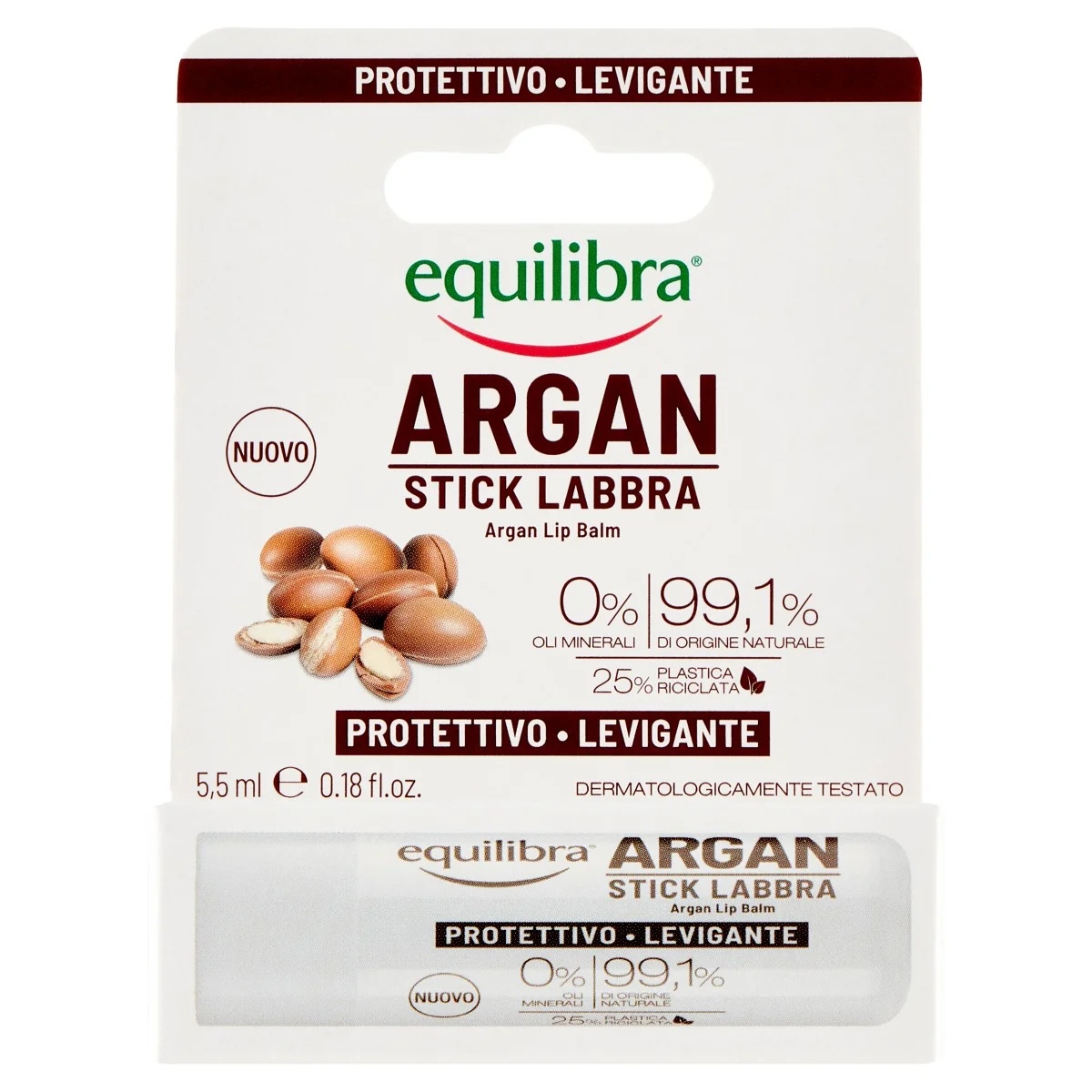 Equilibra Argan Lippenstift 5,5 ml beschermt de lippen tegen wind, kou en hitte.