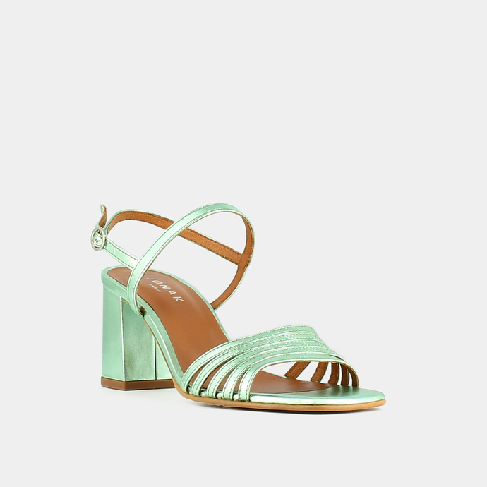 Sandales à bouts carrés et brides  en cuir métallisé vert clair