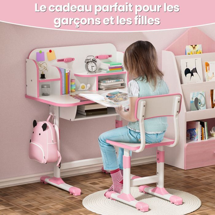 Desk and chair set - Children's desk with chair - Multifunctional - Height adjustable - Cartoon pattern - Pink