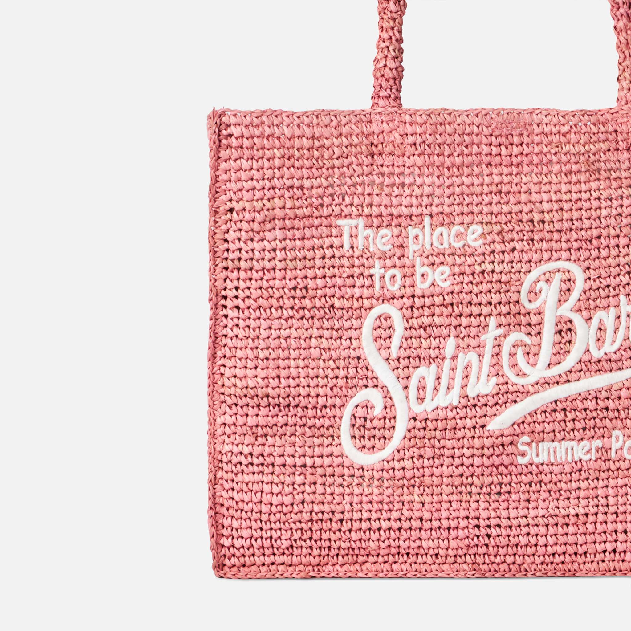 Vanity Pink Raffia Skuldertaske med Hvidt Saint Barth Broderi | 36 cm x 29 cm x 20 cm | MC2 Saint Barth