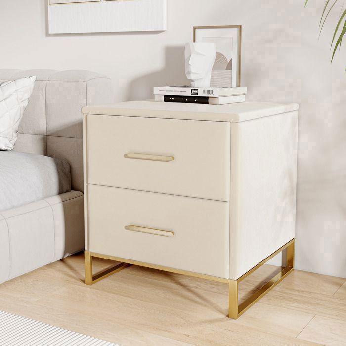 Conjunto de 2 mesas de cabeceira, LUMINARIX, mesa de cabeceira com 2 gavetas, puxadores e pés em metal dourado, 40 × 40 × 50 cm, veludo bege