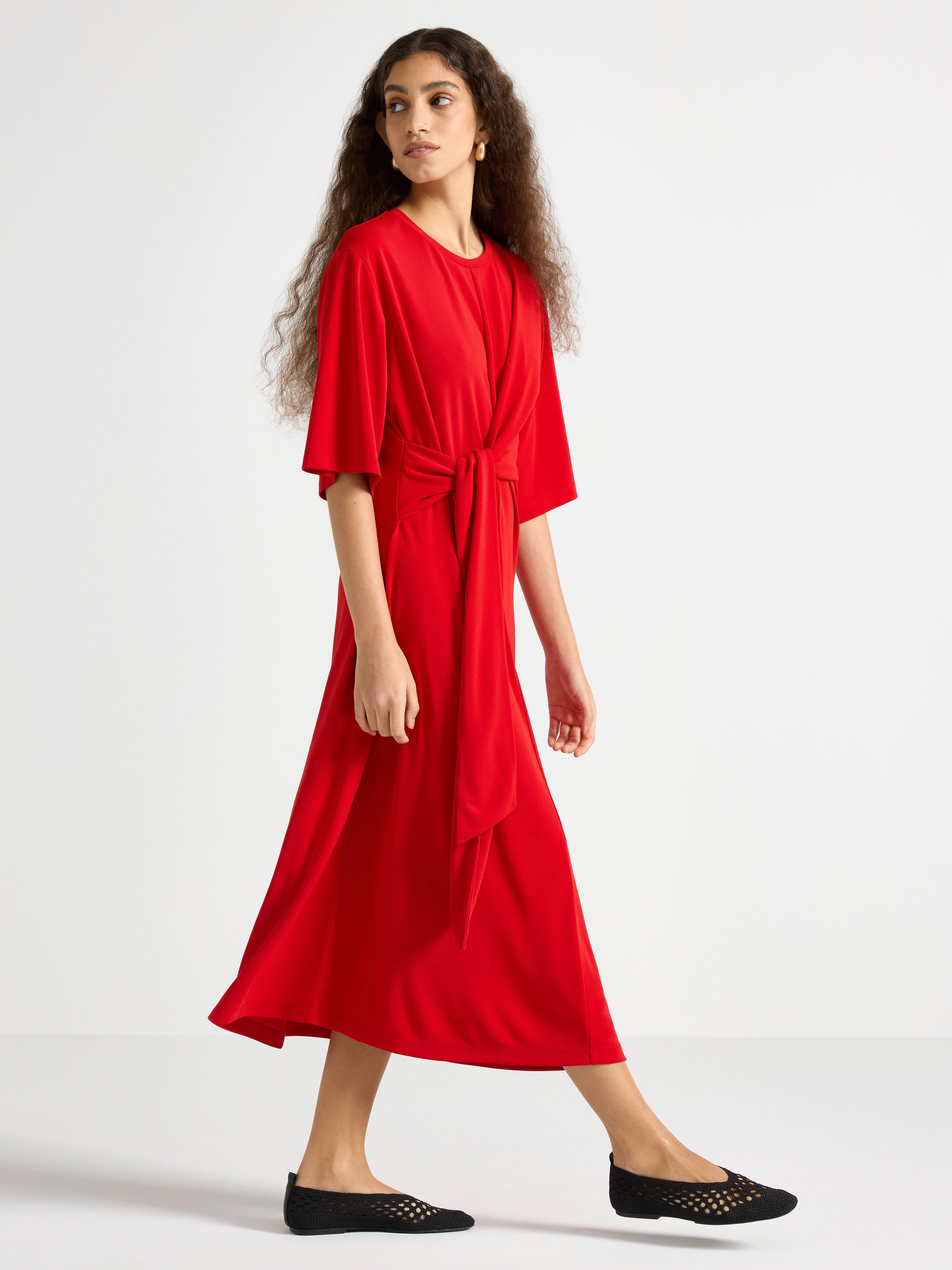 Vestido midi con detalle de lazo, rojo oscuro.