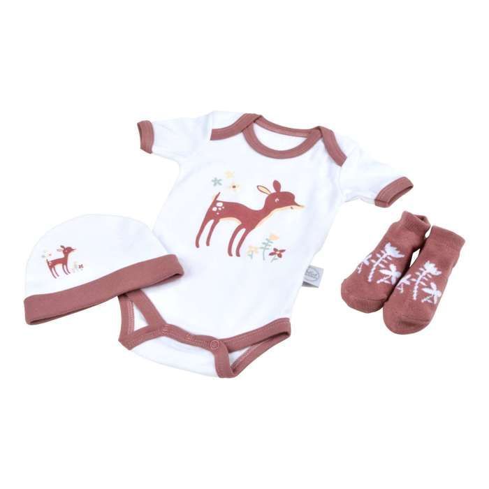 Bébé Douceur - Coffret de naissance avec body, bonnet et chaussettes 0-1 mois - Faon