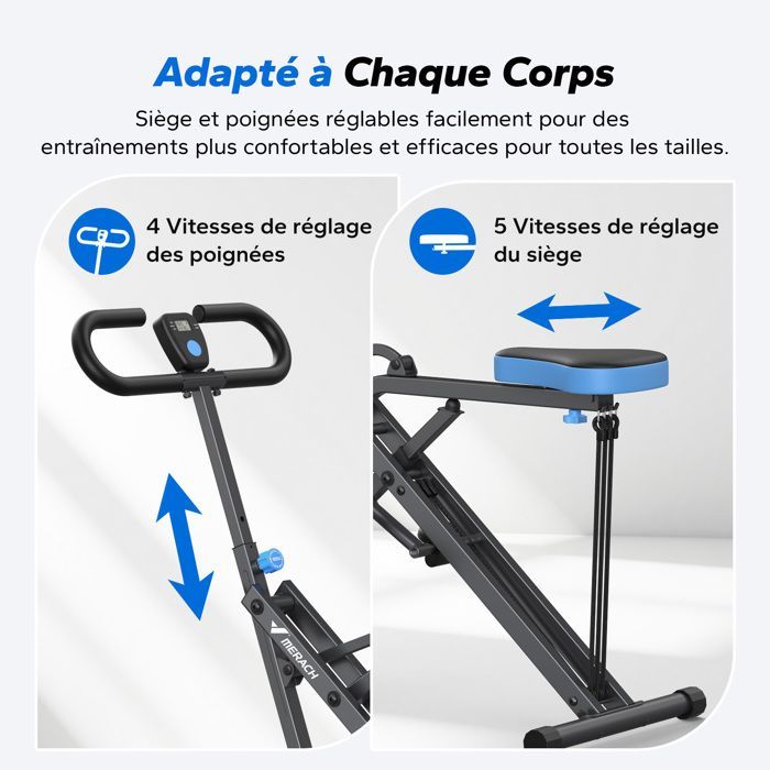 Machine à Squat et Rameur – MERACH - Résistance Réglable - Pliable - Max 160 kg -Écran LCD - Pour Abdos/Jambes/Dos - Gris