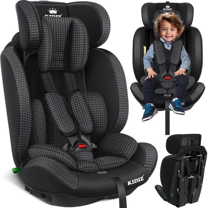 KIDIZ® Siège auto pour enfants et bébé 9-36 kg Groupe 1+2+3 Ceinture de sécurité à 5 Points Appuie-tête réglable ECE R129/03 Noir