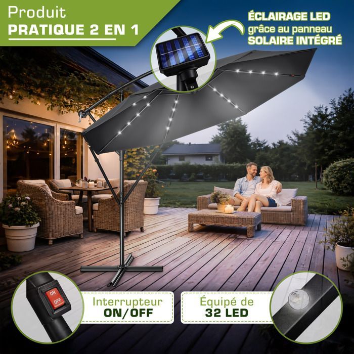 Sombrilla voladiza LED tillvex® Ø 350 cm Antracita – 360°, protección UV UPF 50+ con manivela, funda y parasol con base.