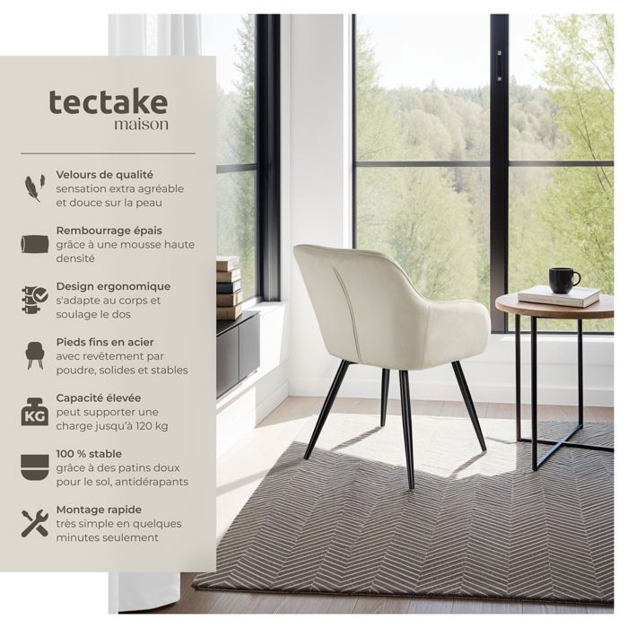 Chaise - TECTAKE - Fauteuil de salle à manger MARYLIN en velours avec pieds en acier noir - Crème/Noir