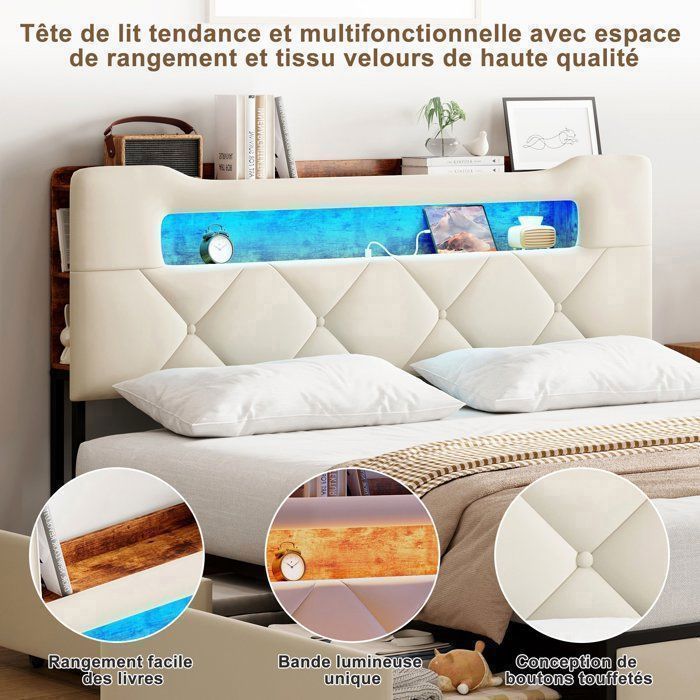 Complete slaapkamerinrichting voor volwassenen, bestaande uit een bedframe van 160x200 cm, een tweepersoonsbed, een opbergbed van 160x200 cm, een LED-bed van 160x200 cm, een USB-poort, opbergruimte, LED-verlichting, 4 lades, fluweel en beige.