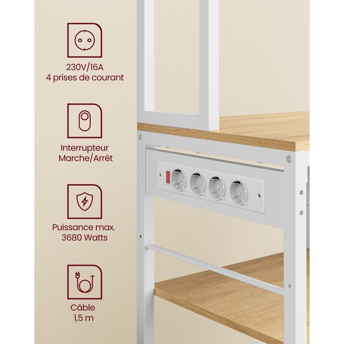 Carrello da cucina - VASAGLE - Ripiano da cucina con multipresa - Ripiani regolabili, rovere dorato e bianco nuvola
