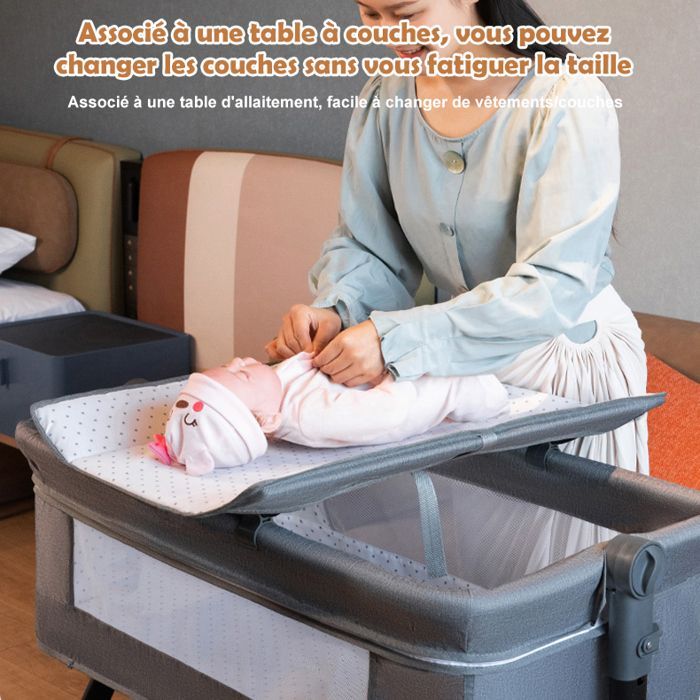 Lit Bébé Berceau Cododo pour Bébé 0-36 Mois, Hauteur Réglable Lit Cododo avec Matelas, Panier de Rangement, Table à Langer - Gris