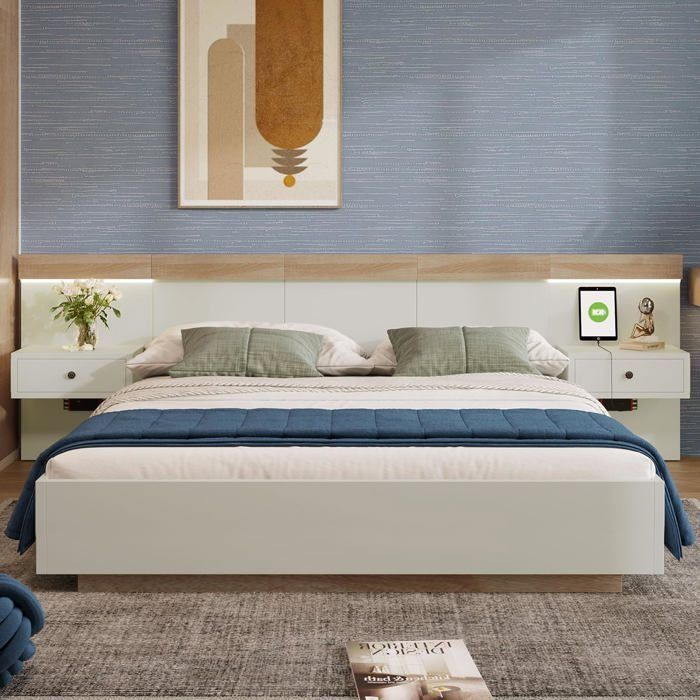 NEW-Lit double lit adulte 160x200 cm avec 2 tables de chevet LED et interface USB-C, bois, blanc et chên CHAMBRE A COUCHER COMPLETE