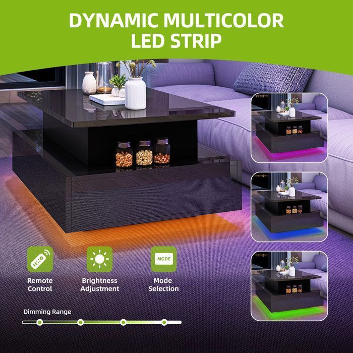 BALCONERA Lift-Top Coffee Table, Rectangular Living Room Table with 16 Color LED Lights and 2 Drawers, High-LumiNova Surface, Black