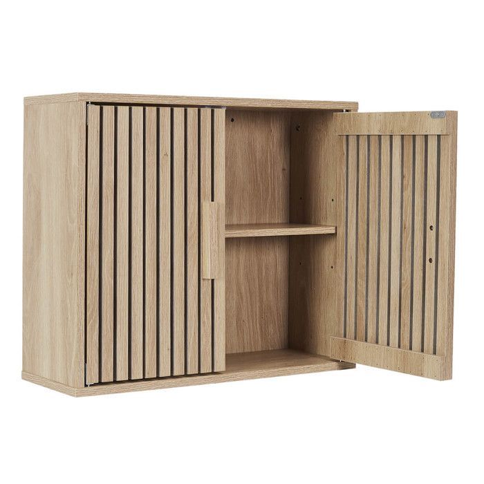 PAJAN - Armario de pared de 2 puertas con efecto madera y listones de madera