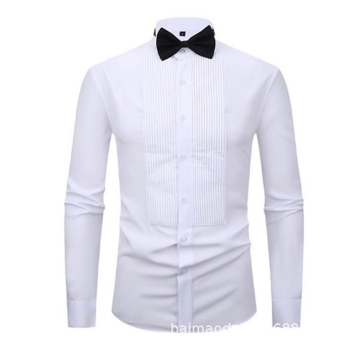 Camicia da sposo da uomo con papillon, maniche lunghe, camicia elegante a pieghe, vestibilità regolare, tinta unita - bianca