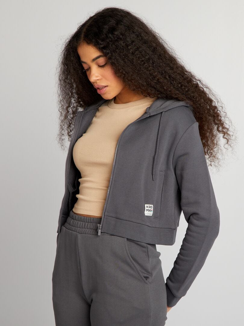 Effenkleurige hoodie met rits - GRIJS
