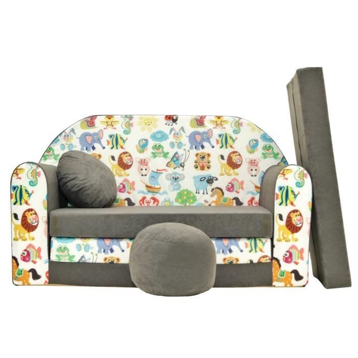 NINO Canapé convertible lit pour enfant avec pouf et coussin OEKO-TEX Animaux gris