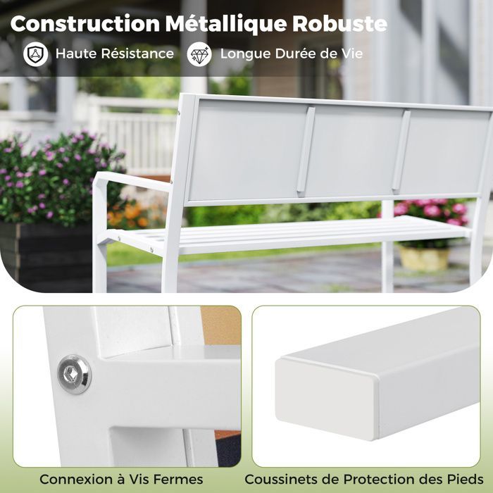 COSTWAY Banc de Jardin Extérieur 2 Places en Métal, Dossier Décoratif, Assise à Lattes, Accoudoirs, pour Patio Véranda Balcon,Blanc