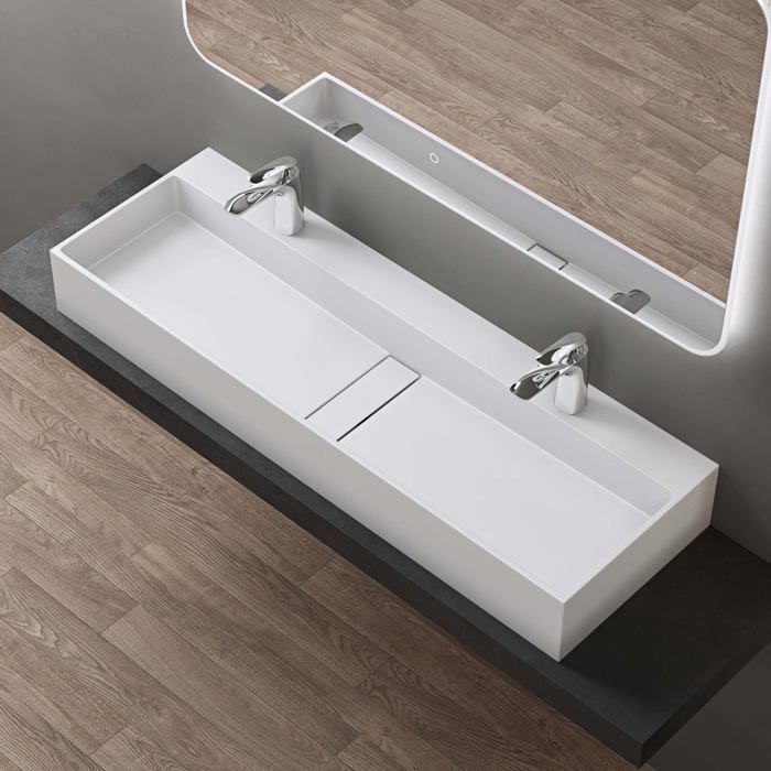 Lavabo de encimera blanco mate doporro, lavabo de baño mural con orificios pretaladrados para 2 grifos, 120x40x14cm, Colossum6028