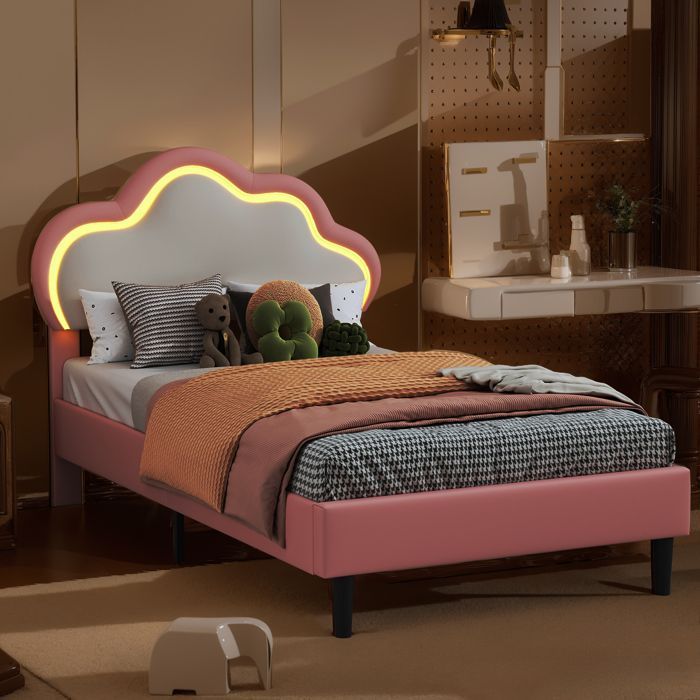 Cama individual de 90x200 cm, cabecero con forma de nube, iluminación LED, cama infantil, color rosa.