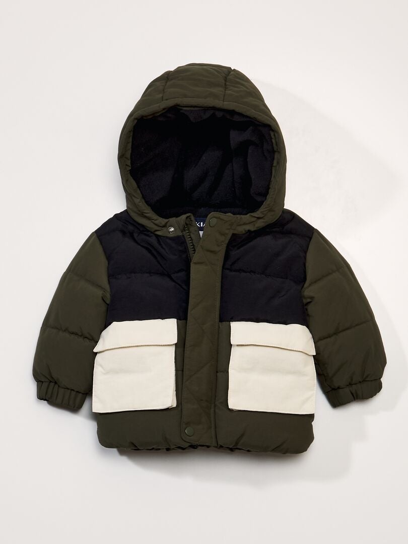 Lange donsjas met capuchon in kleurblokken - KHAKI