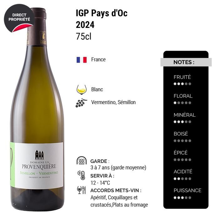 Domaine La Provenquière Pays d'Oc Sémillon Vermentino 2024 - Vin Blanc du Languedoc - Roussillon (6x75cl) HVE