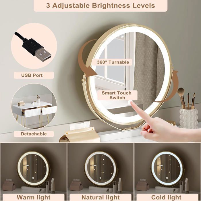 Tavolo da trucco EUGAD con specchio LED regolabile, tavolo da trucco con sedia, 2 cassetti effetto 3D in legno massello, bianco+oro E0EG0060