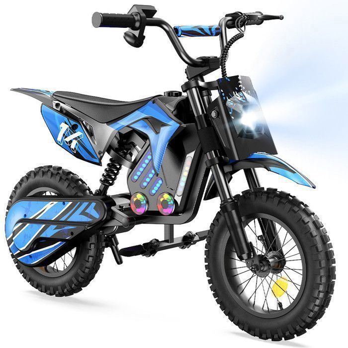 Motocicleta elétrica infantil A14 azul, 500 W, 3 velocidades (8-27 km/h), pneus todo-terreno de 14