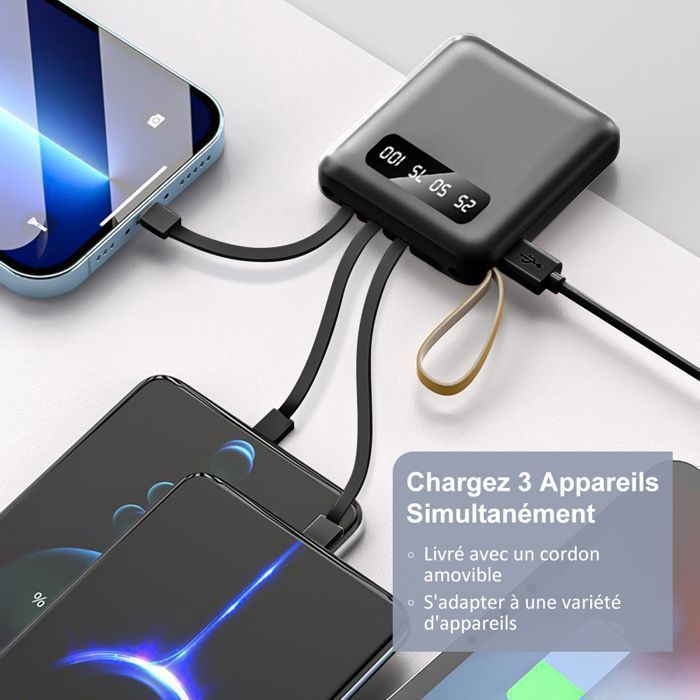 Batterie Externe 15000mAh Chargeur Portable avec 4 Câbles Intégrés Batterie 6 Sorties et 3 Entrées ,LED L'affichage et Lampe