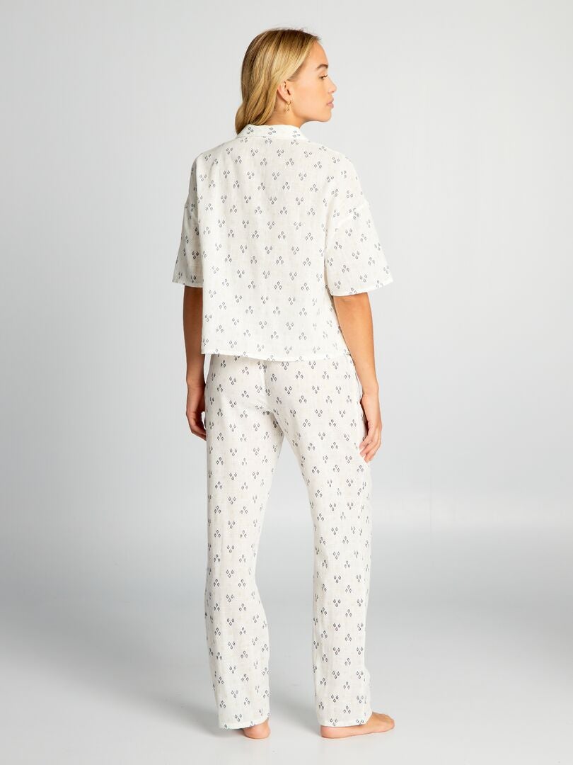 Pijama comprido de gaze de algodão estampada - BEGE