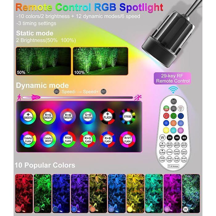 Spot Solaire Exterieur 6 En 1 RGB Projecteur Solaire Exterieur avec Télécommande 10 6 Spots + Télécommande LUMIèRE RGB SPOTS