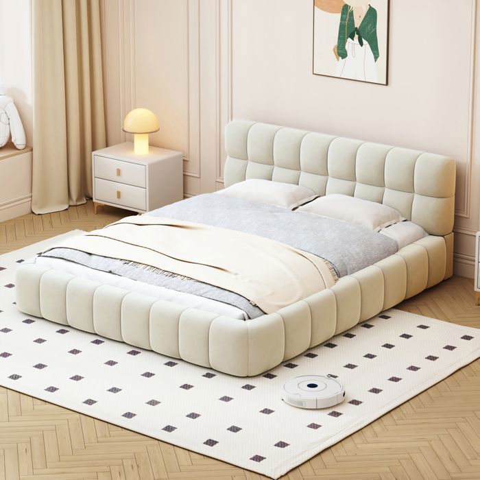 Gestoffeerd bed 140 x 190 cm, bedframe voor 2 personen, volwassenenbed, vloerbed, lattenbodem, linnen, beige