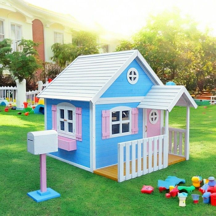 Maison enfant en bois - Grande maison avec véranda - Véranda avec auvent - Boîte aux lettres - Bac à fleurs