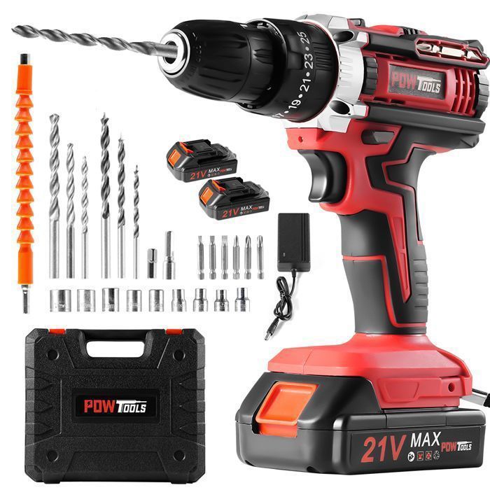 Perceuse visseuse  sans fil POWTOOLS - 21V - 2 batteries Lithium + 24 accessoires + Chargeur