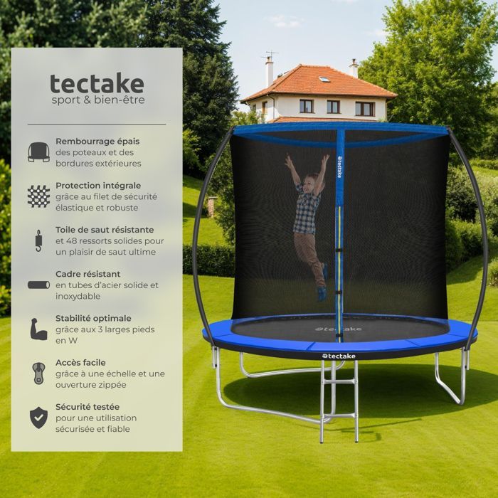 Trampoline - TECTAKE - JUMPY stalen trampoline met veiligheidsnet, 244 cm diameter - Zwart/blauw