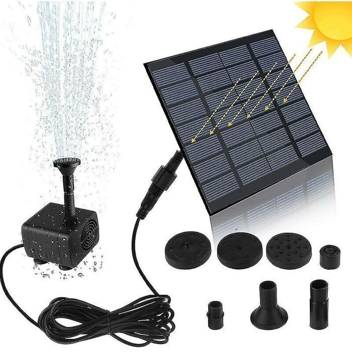 Pompe solaire pour bassin et fontaine – Puissance 1.2W – Débit max 200 L/h – Hauteur de refoulement 120 cm – Panneau 11x11 cm silici
