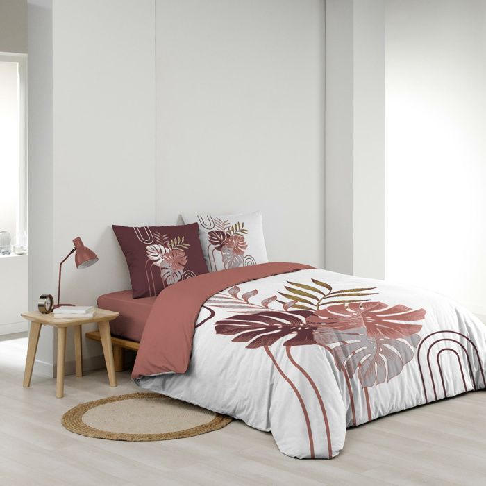 Housse de couette 240 x 220 cm ASTRIA – 100% coton 42 fils + 2 taies 63x63 cm, motif tropical terracotta/bordeaux