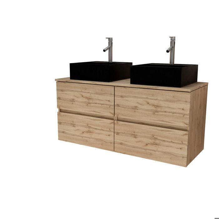Bathroom vanity unit 120cm with 4 drawers in natural oak - 2 square basins 41x41x15cm black