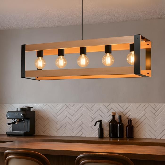 Suspension - NETTLIFE - 5 Flammes - Noir - E27 - Bois/Metal - Scandinave Moderne