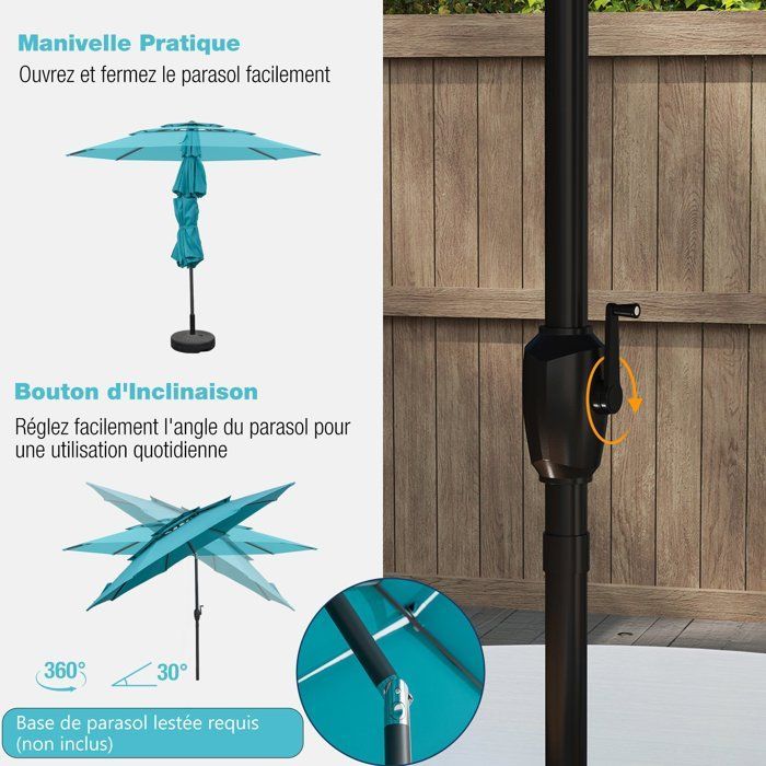 COSTWAY Parasol 3M Auto-inclinable à 3 Niveaux avec Double Ventilation Fonctionnement avec Manivelle Poteau en Aluminium Vert