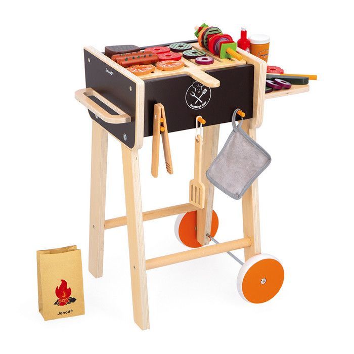 Barbacoa de madera - Cocina de juguete y set de juego para niños - 57 accesorios incluidos - 2 ruedas silenciosas - Para mayores de 3 años