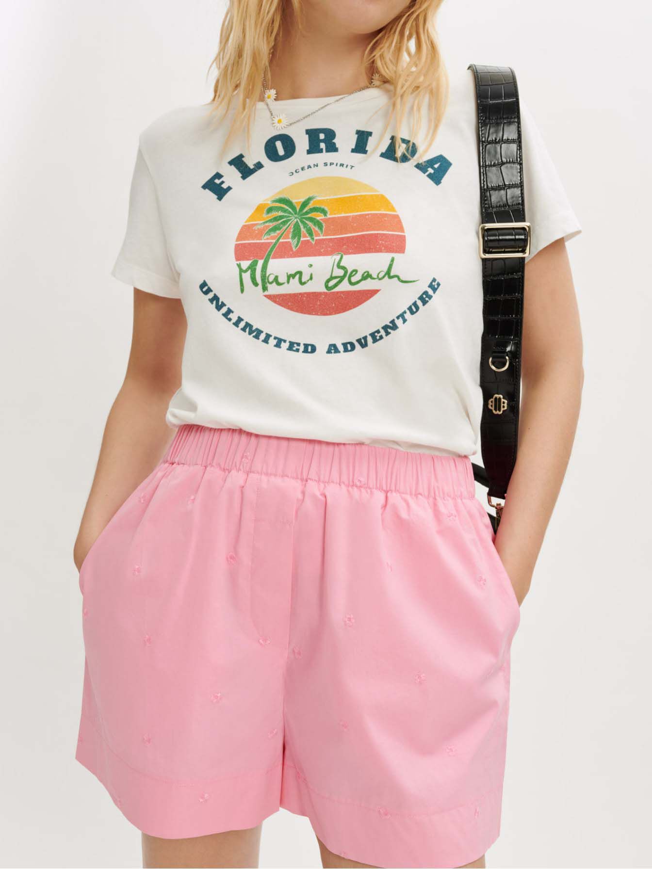 Geborduurde poplin shorts - Roze