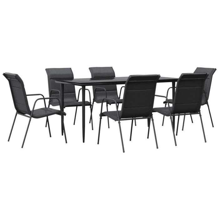 Tuineetset - BURKE - 7-delig - Zwart - Poedergecoat staal - Textilene - Tafel 160x80x74 cm