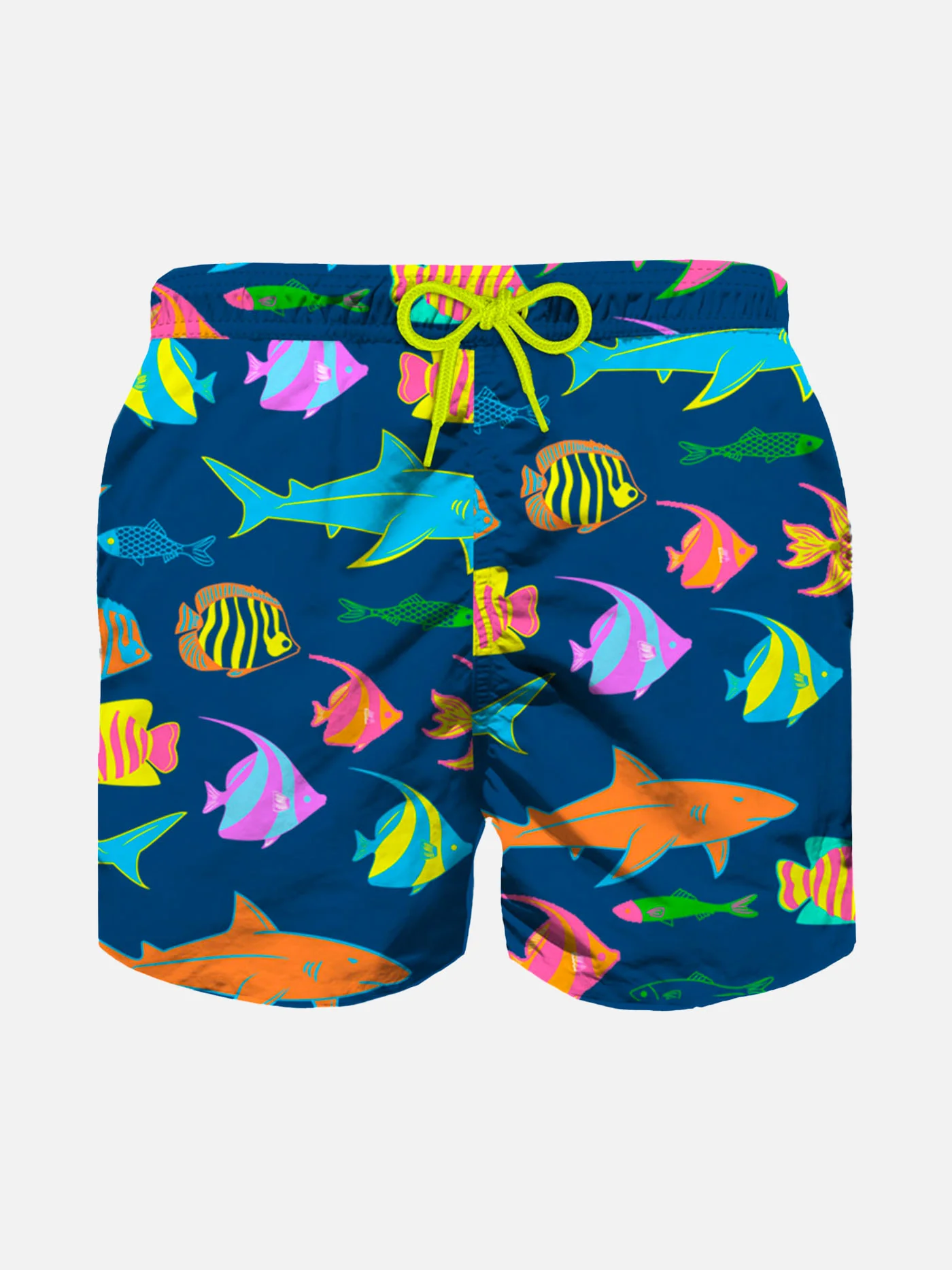 Blauw zwempak voor jongens met kleurrijke visprint.