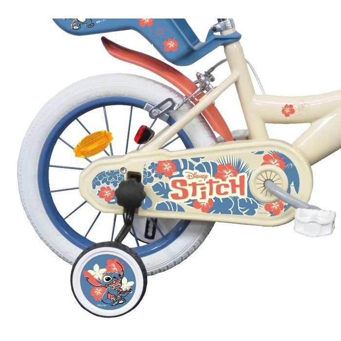 Vélo enfant 14'' STITCH / DISNEY (Taille de l'enfant 90 cm à 105 cm) équipé de 2 freins, panier, porte poupée et stabilisateurs.