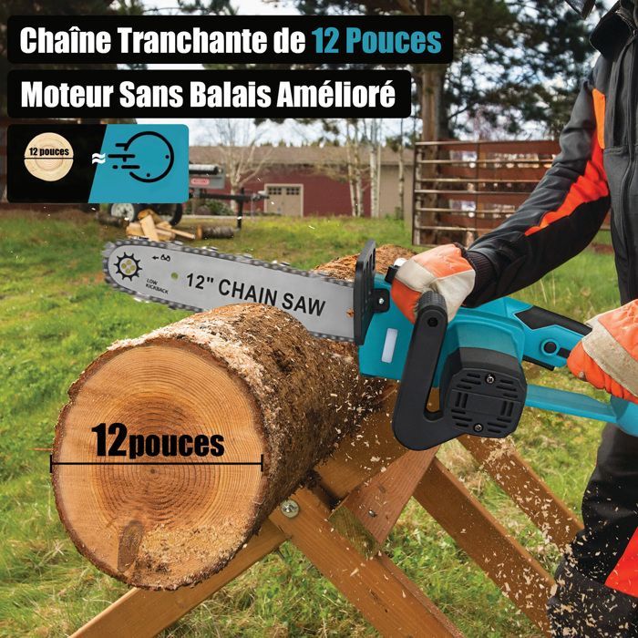 Tronçonneuse Électrique sans Fil 12 Pouces , avec Injecteur de Lubrifiant et 2 Batteries 5.0 Ah, Moteur Brushless , 2 Chaînes -Bleu