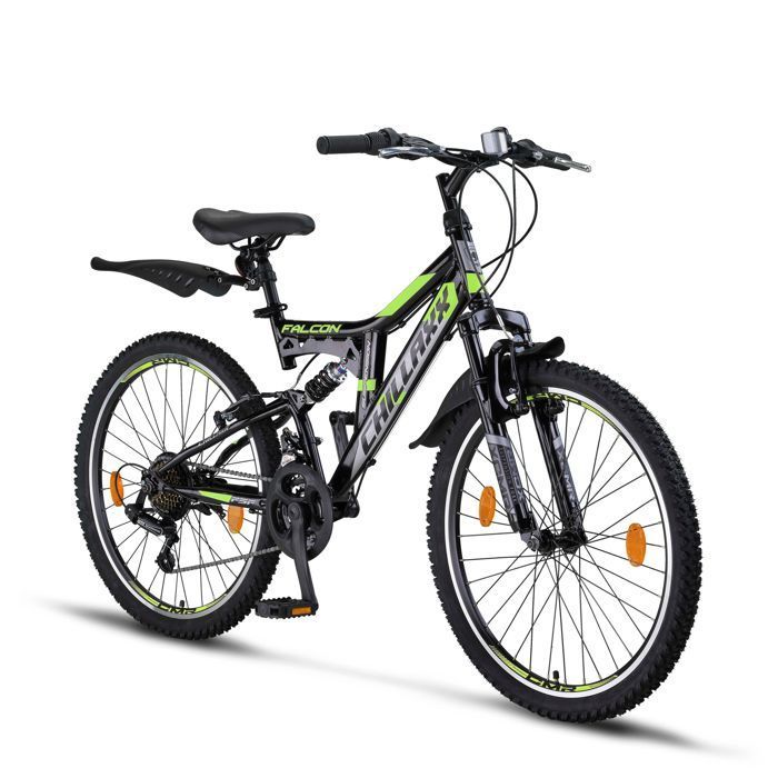 Vélo VTT - CHILLAXX Falcon - 24 pouces - 21 vitesses - Noir-vert citron - frein en V